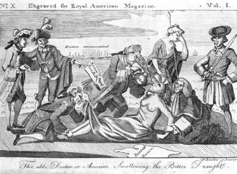 The Able Doctor, or America Swallowing the Bitter Draught, engraved by Paul Revere for 